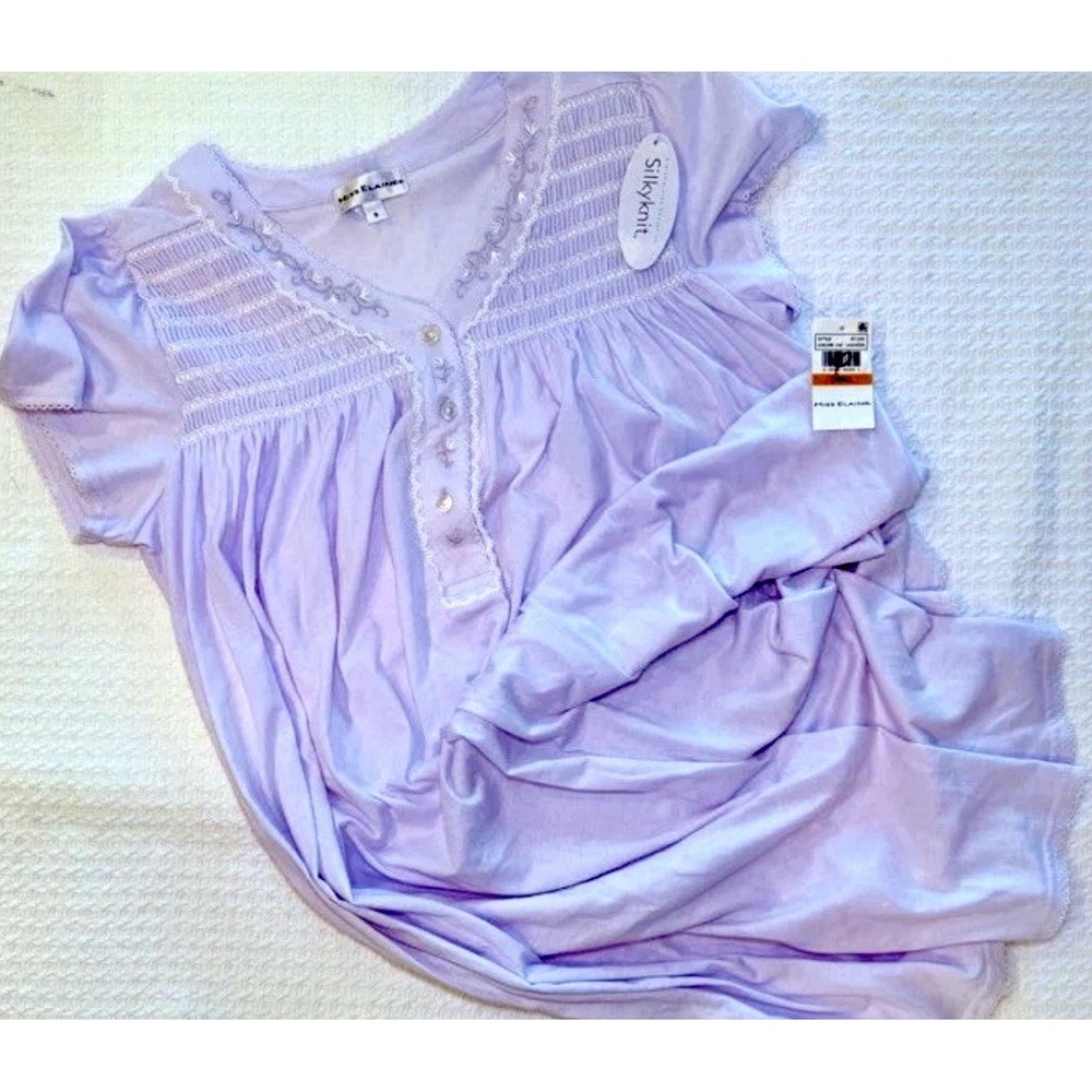 Miss Elaine Silky Knit Nightgown Woman's  Lavender Lace Trim Short Sleeve NWT  S